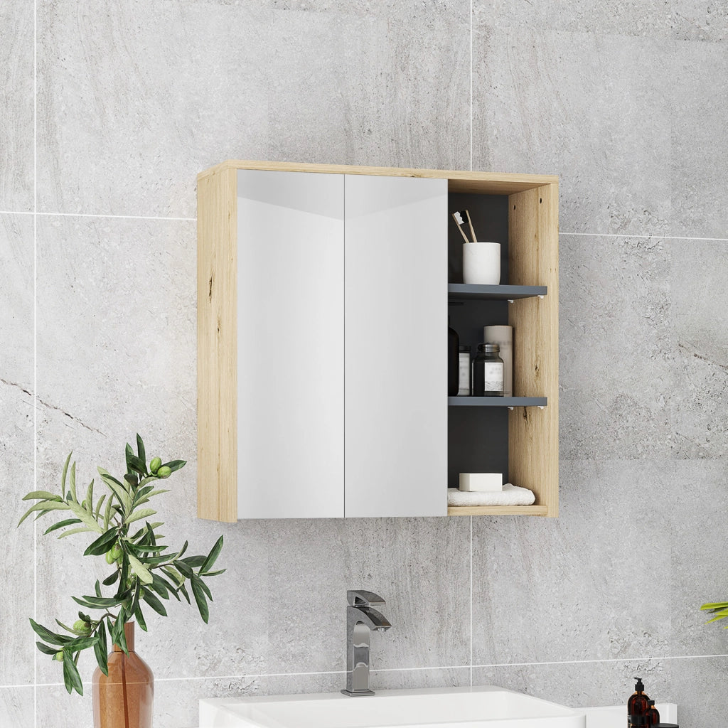 Armadio da bagno con specchio e ripiani aperti ¨C zephmum ¨C legno naturale 60x20x60 cm