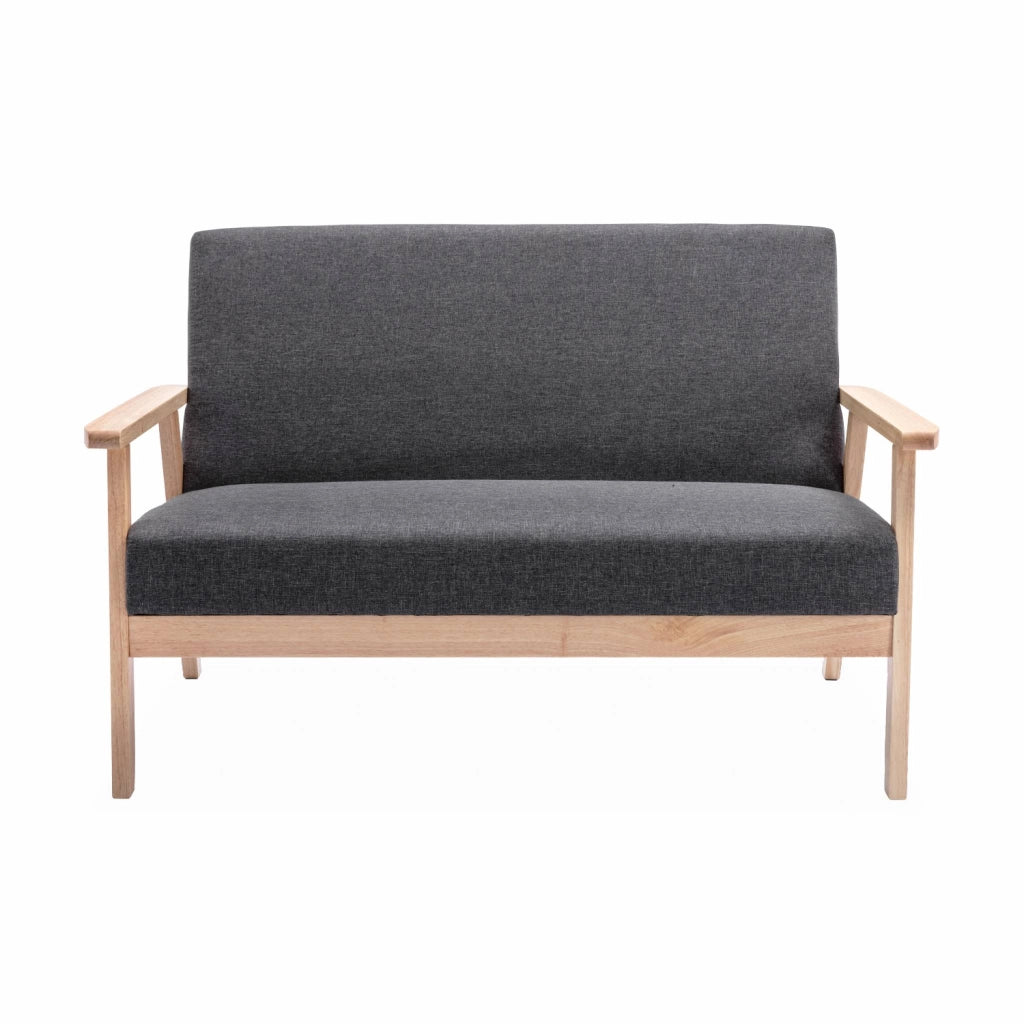 Divano stile scandinavo in legno e tessuto, 2 posti, grigio scuro