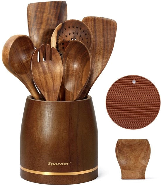 Set di cucchiai in legno di teak, 9 pezzi, con 6 cucchiai in legno, cassetto per cucchiai, contenitore per coltelli da 4,2 pollici e tovagliolo per panni per la decorazione della cucina e il regalo di benvenuto.