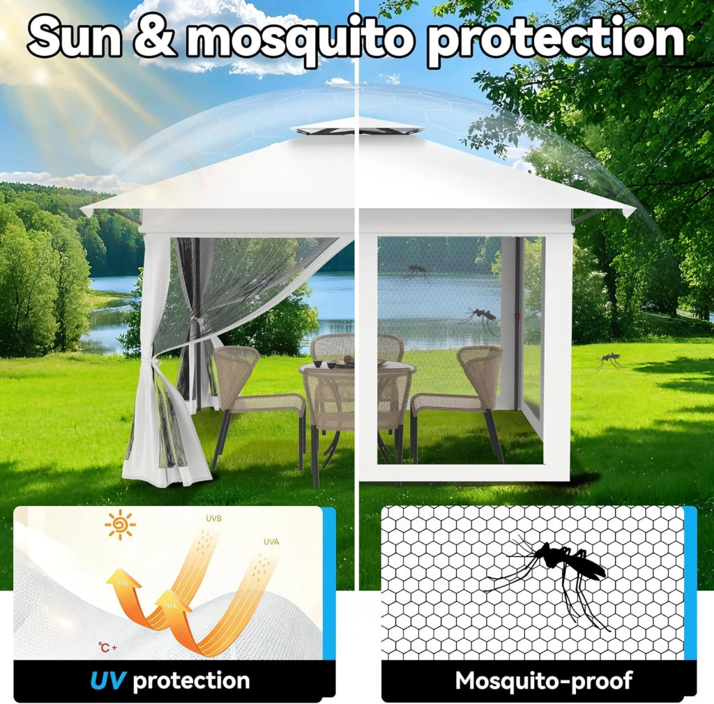 Gazebo 4 x 4 m, impermeabile, stabile, resistente all'inverno, per feste, pieghevole, altezza regolabile con doppio tetto e 4 zanzariere, gazebo da giardino con custodia, colore bianco