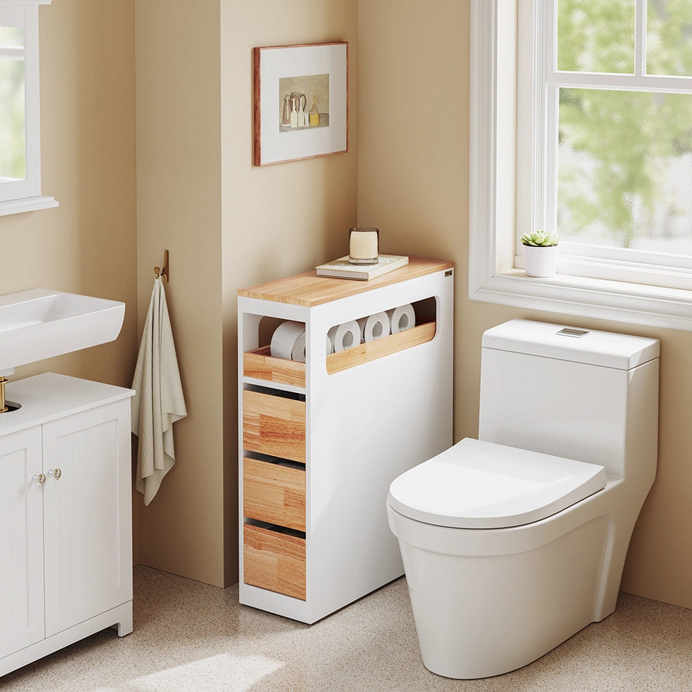 SoBuy | Mobile bianco con 4 cassetti | Mobile con ruote per facile spostamento | Mobile MDF per bagno e cucina | 65×23×82 cm | Portata massima 40 kg | BZR54-III-WN