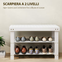 Panca Scarpiera Bassa 70x28x45 cm con 2 Ripiani a Doghe e Seduta in Bambù Bianco
