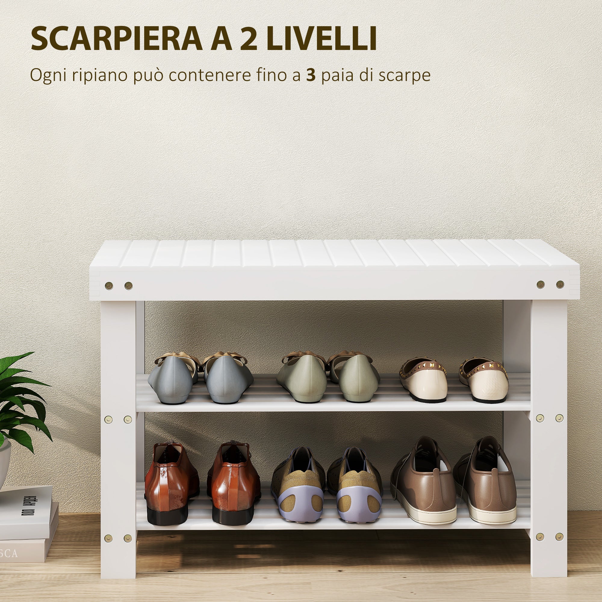 Panca Scarpiera Bassa 70x28x45 cm con 2 Ripiani a Doghe e Seduta in Bambù Bianco