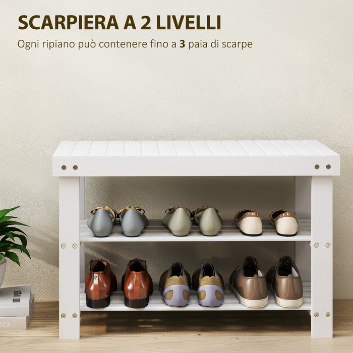 Panca Scarpiera Bassa 70x28x45 cm con 2 Ripiani a Doghe e Seduta in Bambù Bianco