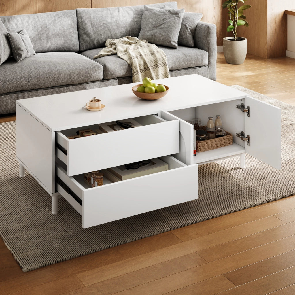 Tavolino da caffè 100x50x39.5 cm con 2 cassetti e 2 porte; contenitore chiuso; MDF e pannello truciolare; bianco