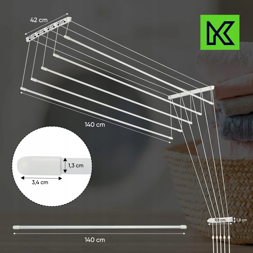 Stendibiancheria da soffitto KADAX per bagno, 5 barre, 140 cm, resistente e robusto.