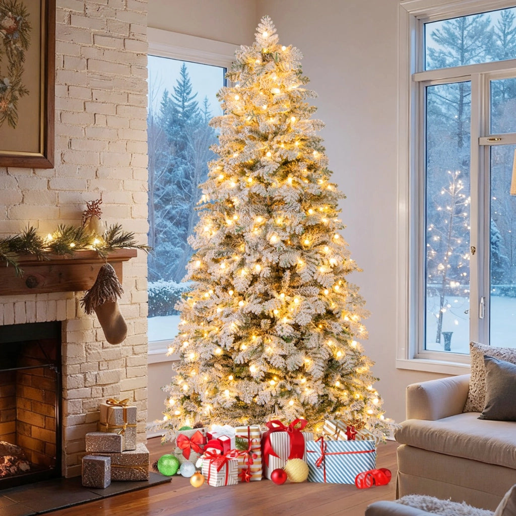 Albero di natale pieghevole con 160 palline luci led e 806 punte di ramo, Albero di natale artificiale innevato da 210 cm Bianco