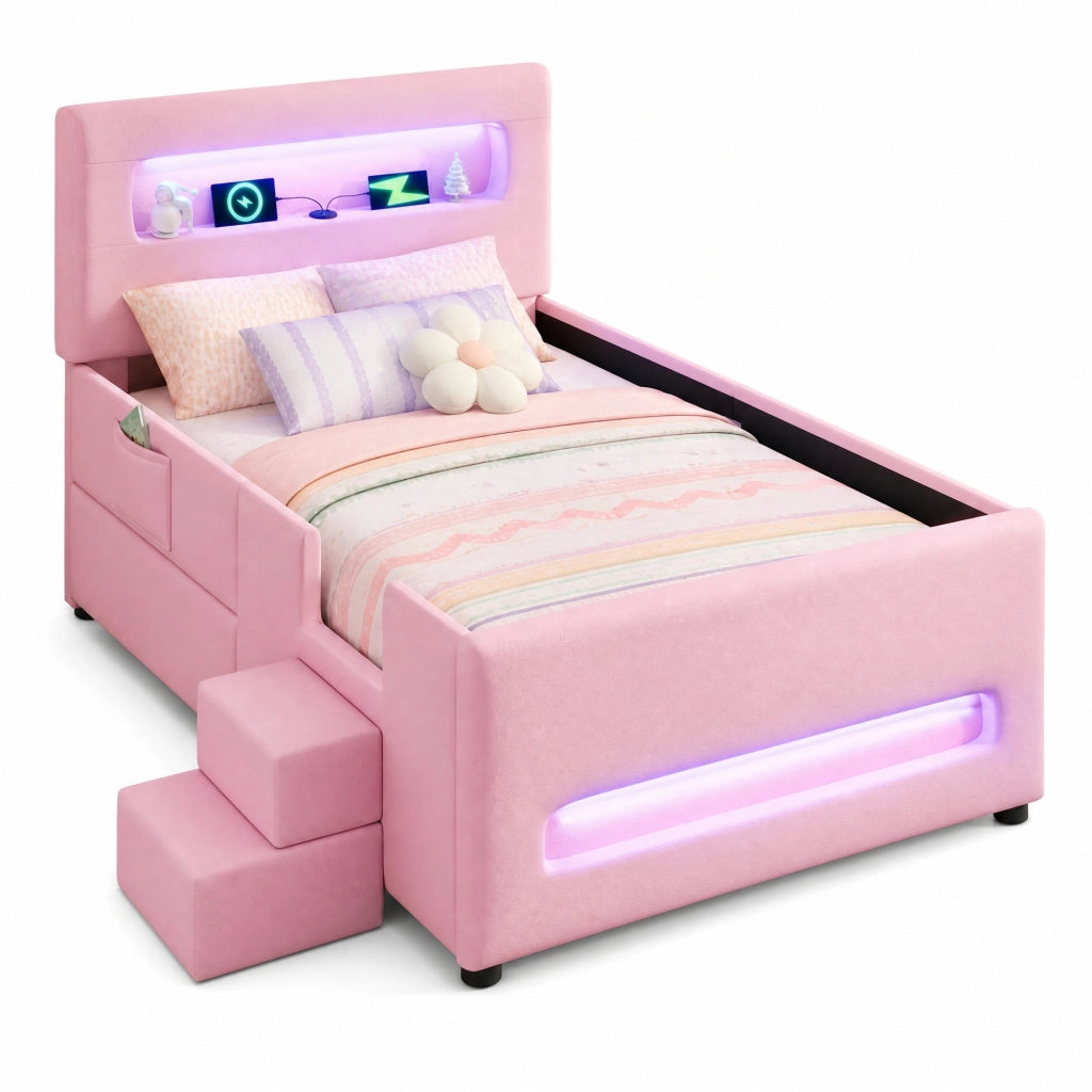 Letto a piattaforma imbottito 90x200 cm con LED; cassetto e rivestimento PU rosa