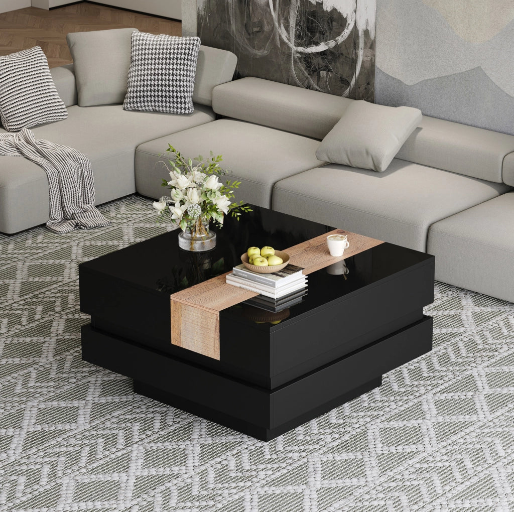 Tavolino da caffè 70x70x39 cm con piano estraibile e contenitore nascosto in MDF nero