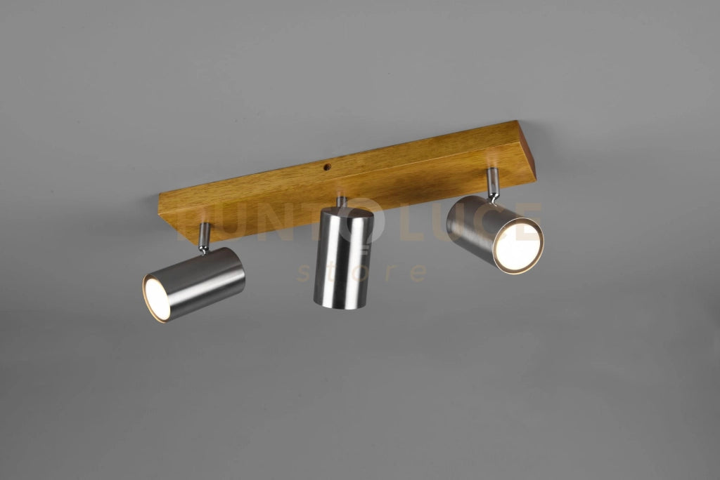 MARLEY BARRA 3 SPOTS CILINDRI ACCIAIO BASE LEGNO NATURALE L. 44CM 3 LUCI ATTACCO GU10
