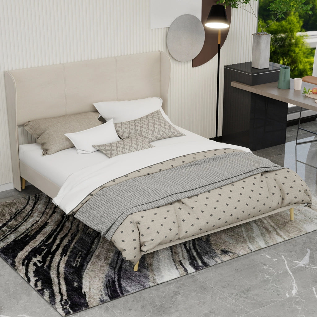 Letto Matrimoniale 160x200 cm con Testiera Imbottita; Beige; in Tessuto e Metallo