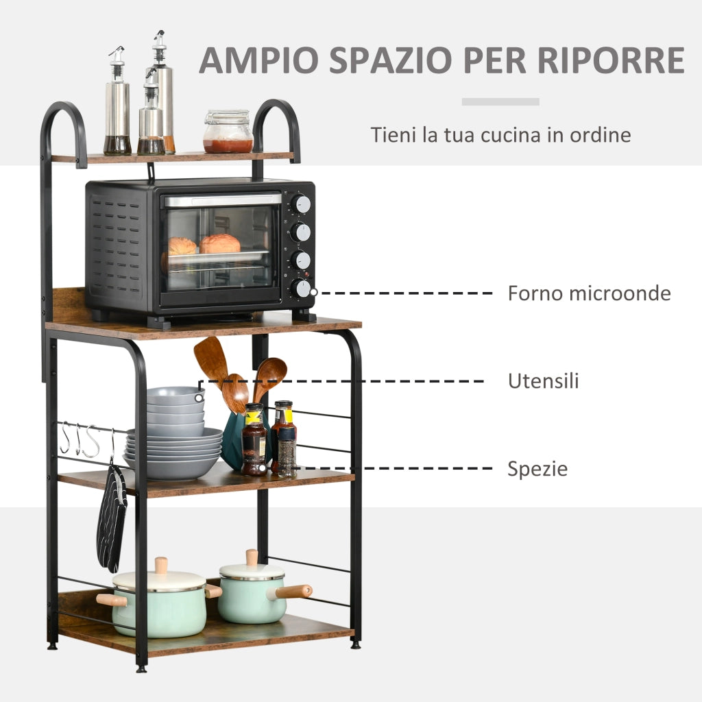 EasyComfort Mobiletto per Microonde a 4 Ripiani e 4 Ganci, Mobile Cucina in Acciaio e Legno 60x40x125cm, Marrone Rustico
