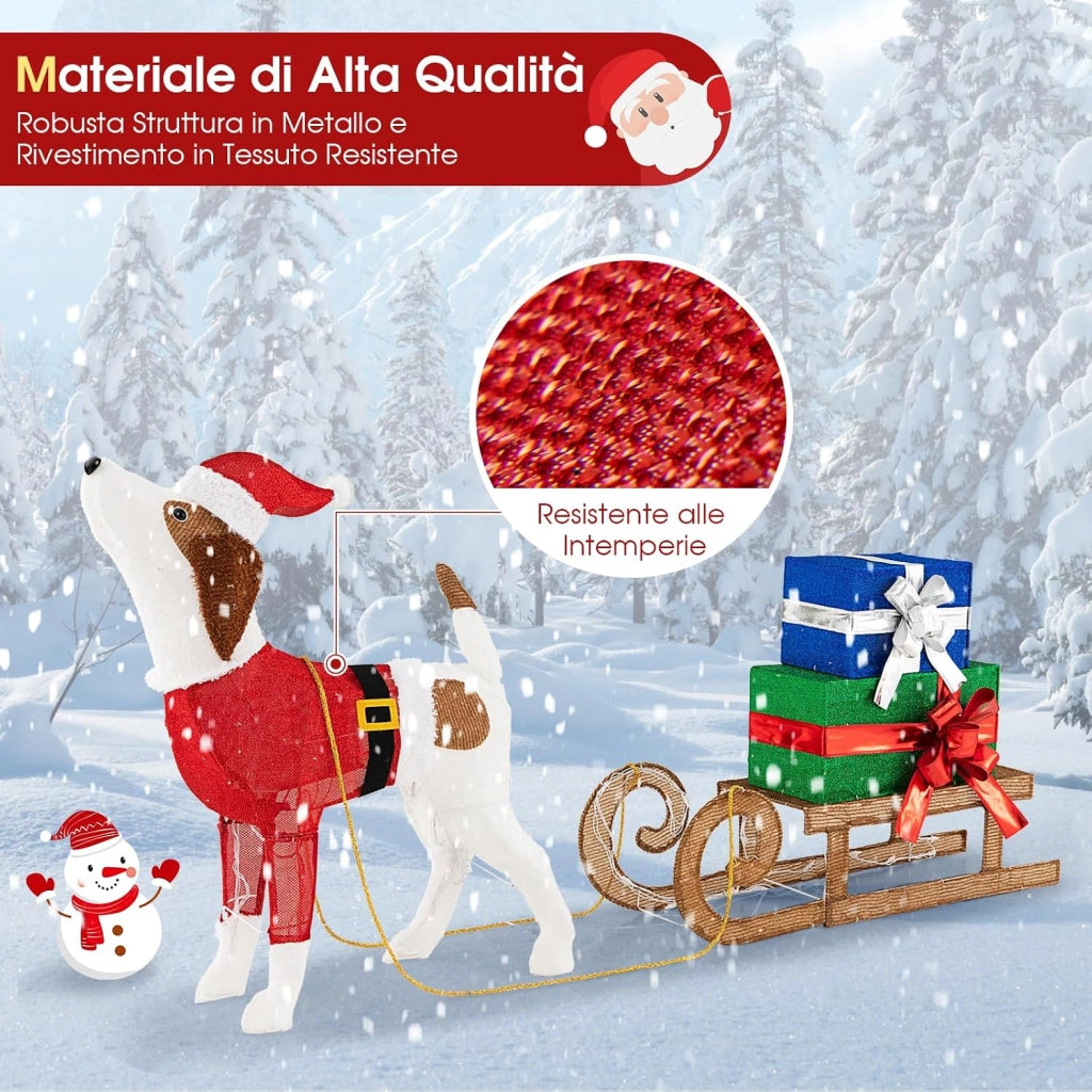 Decorazioni Natalizie Illuminate di Cane e Slitta, Luci Natalizie a Forma di Cane da Esterno Interno, Decorazione Natalizia Festosa con 170 Luci LED per Giardino e il Cortile