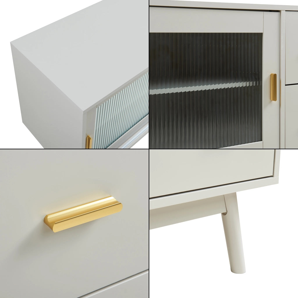 Mobile Porta TV Susa con Cassetti e Ante Scorrevoli in Vetro Scanalato 160x40x65 cm Beige [en.casa]