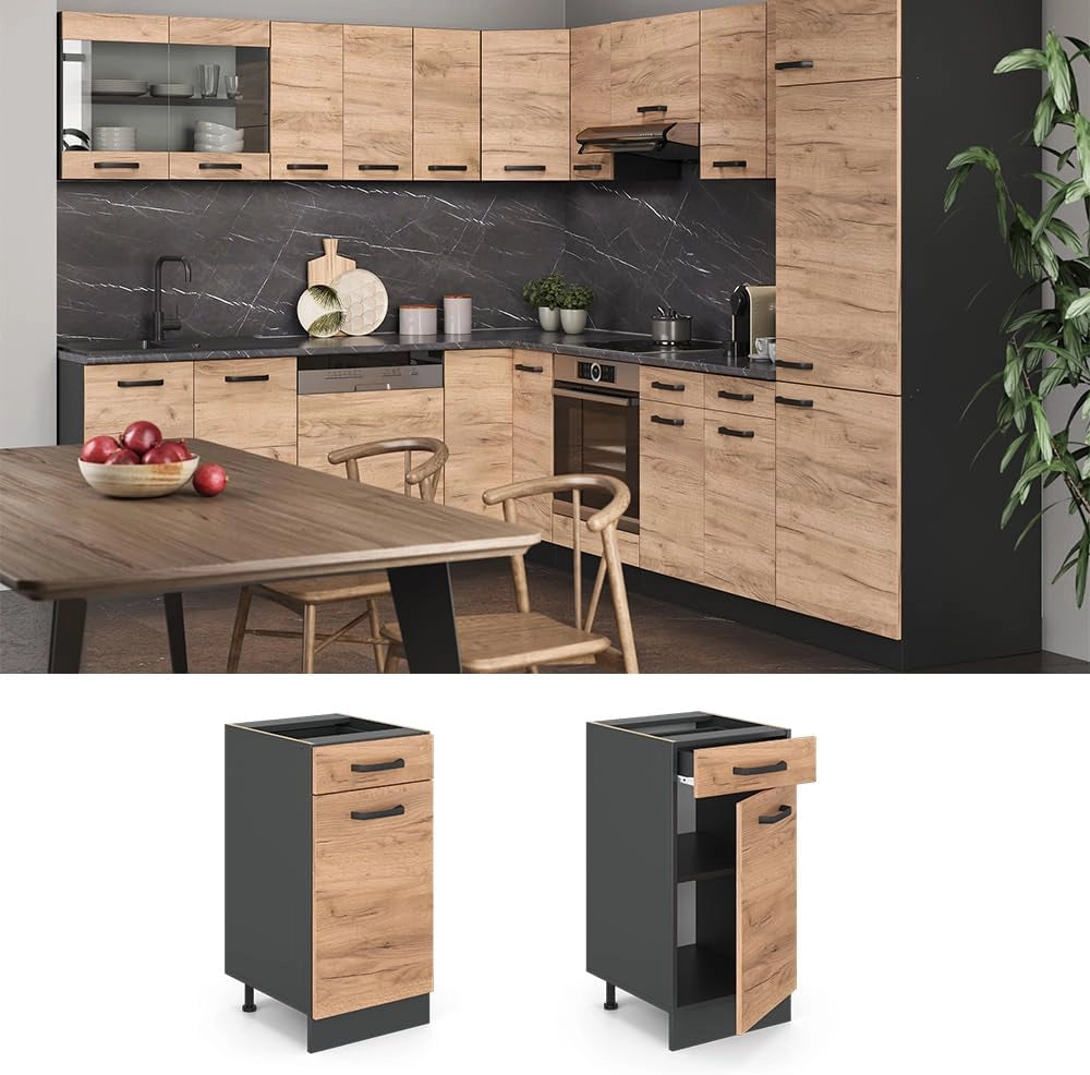 mobiletto base per cucina R-line, Quercia dorata/Antracite, 40 cm senza piano di lavoro