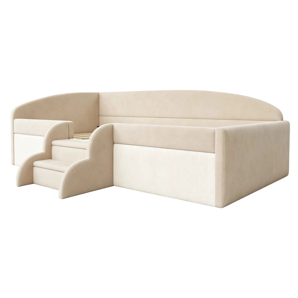 Letto per bambini 90 × 190 cm con scalini antiscivolo, sponde di sicurezza, senza materasso, beige