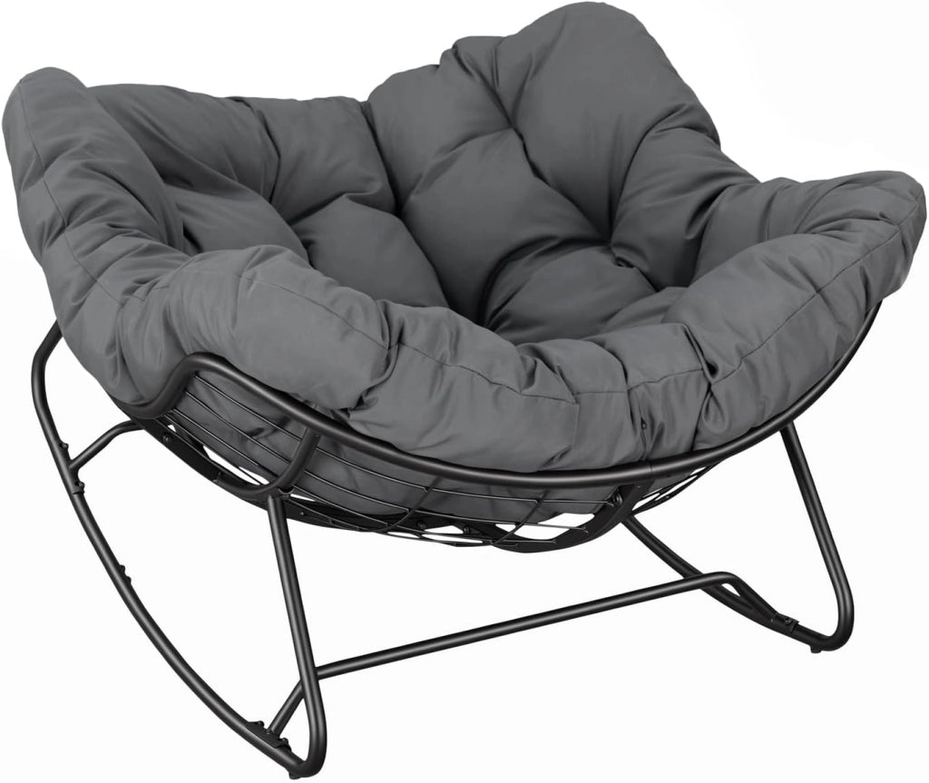 Sedia a Dondolo a Forma di Uovo, Poltrona Relax con Gambe Curve, Struttura in Metallo e Cuscino in Poliestere, Portata 150 kg, per Salotto e Balcone, Grigio Scuro