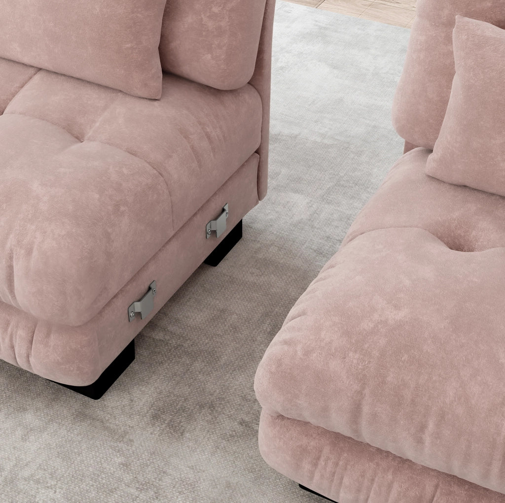 Divano modulare con ottomane in ciniglia rosa