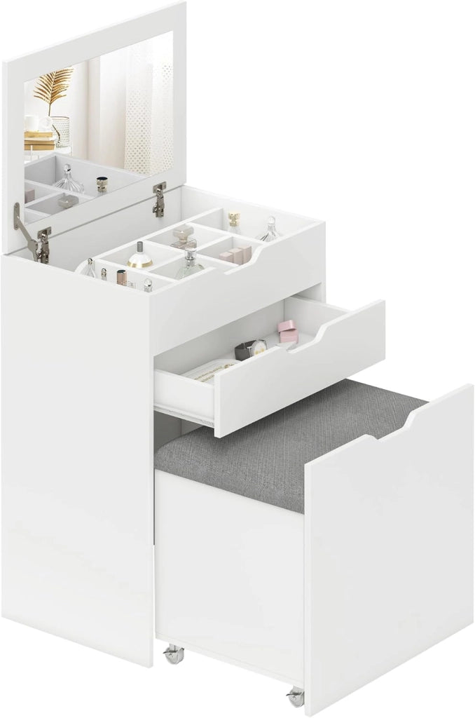 HOMCOM Toeletta da Camera con Specchiera e Sgabello Abbinato, Postazione Trucco con Vano Nascosto e Cassetto in Legno, Bianco