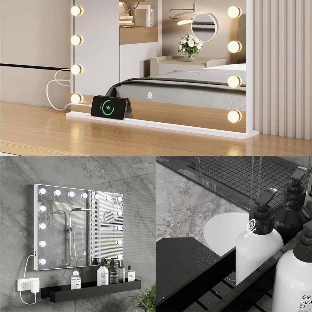 Specchio da toilette Greta, Bianco, 58 x 47 cm con illuminazione a LED, con specchio cosmetico integrato 10x e porta USB