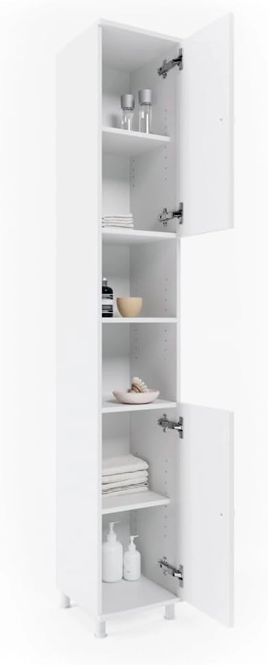 Mobile bagno alto Fynn, Bianco, 30 x 190 cm, per la conservazione di articoli da bagno e asciugamani