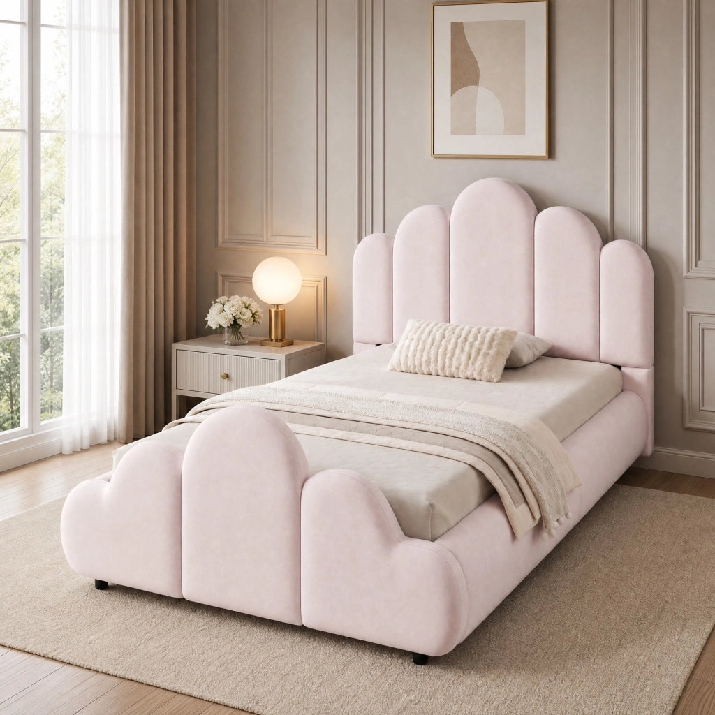 LETTO per bambini 90x200 cm in velluto rosa, struttura imbottita