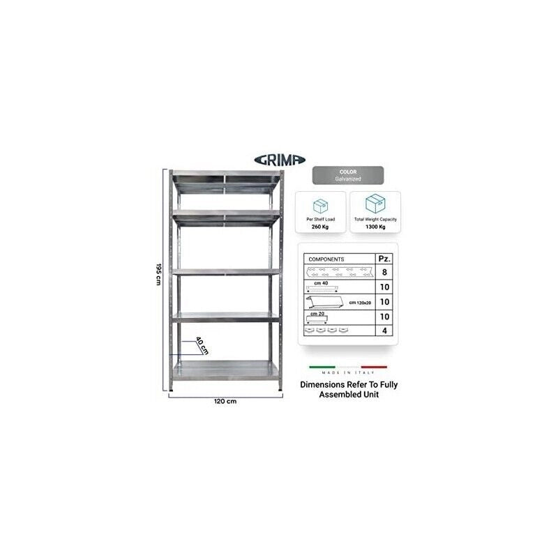 SCAFFALE IN METALLO MACISTE 120 X 40 X 195 H 5 PIANI KG 260 SENZA BULLONI