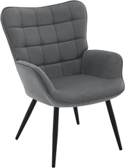 Poltrona Relax ad Ala, Poltrona Salotto Braccioli Alti, Sedia Poltrona per Camera da Letto, Soggiorno, Sedile in Velluto a Coste, Gambe in Metallo, Motivi a Quadri, Grigio Scuro, SKS31dgr
