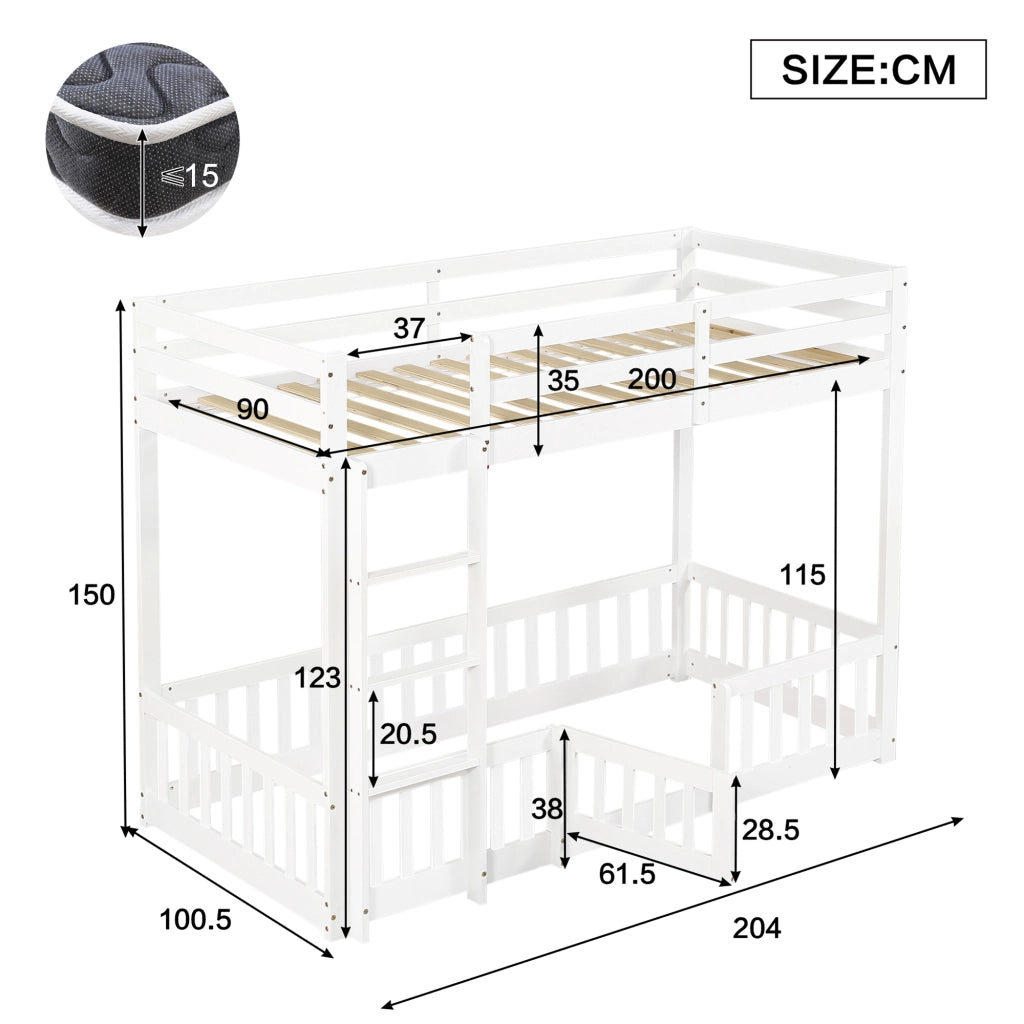 LETTO A CASTELLO 90x200 cm Bianco in legno massello con scala dritta e porta