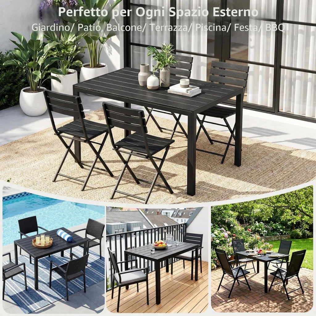 Tavolo da Giardino 110x70 cm, Tavolo da Terrazzo in WPC per 4-6 Persone, Tavolo da Balcone Resistente alle Intemperie con Telaio in Alluminio, Design Effetto Legno,Nero