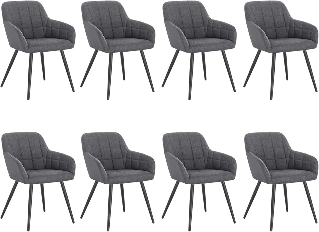 Set di 8 Sedie per Sala da Pranzo Imbottita, Poltroncina in Stoffa Lino,Sedia da Cucina con Braccioli e Schienale, Gambe in Metallo, moderne,Grigio Scuro, BH107dgr-8