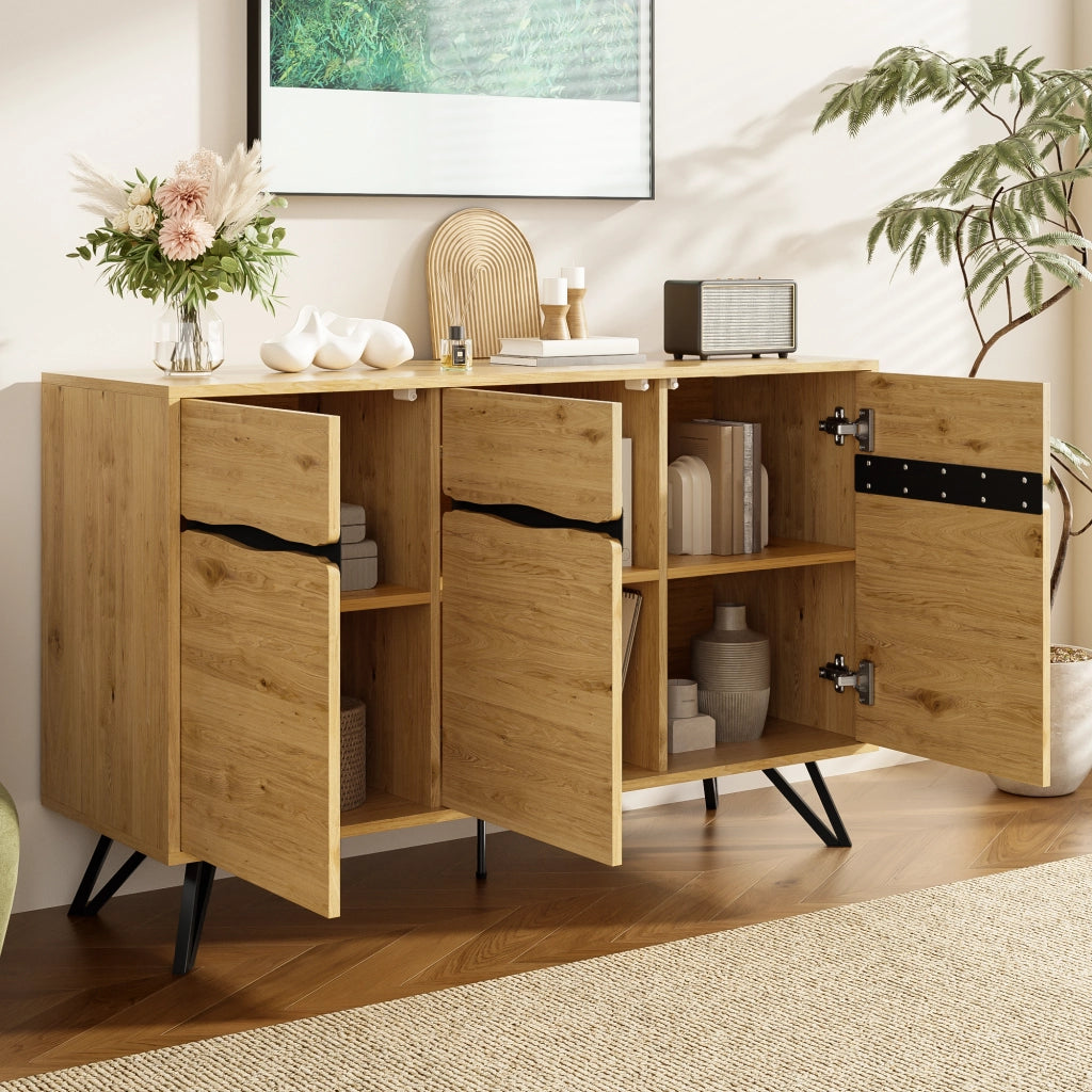 Credenza con 3 Ante e Gambe in Metallo; Design Moderno; in Pannello Truciolare; Nero; 140??40??75;5 cm