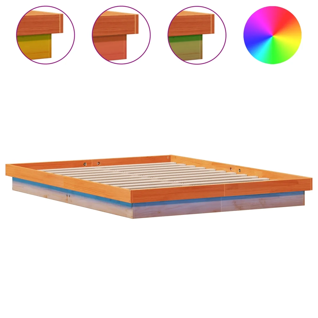 Giroletto Marrone Cera con LED-Struttura Letto 160x200 cm Legno Massello Pino