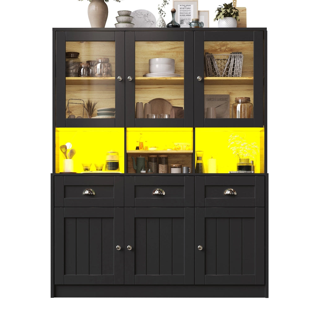 Credenza alta da cucina 140x40x175 cm con LED; 3 cassetti e ripiani regolabili; nera
