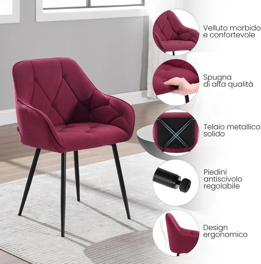 Set di 2 Sedie da Pranzo con Braccioli e Schienale, Sedie Cucina Moderna in Velluto, Poltrone da Salotto con Gambe in Metallo, Sedie ergonomiche per Ufficio, Bar, Bordeaux, EZS02bd-2