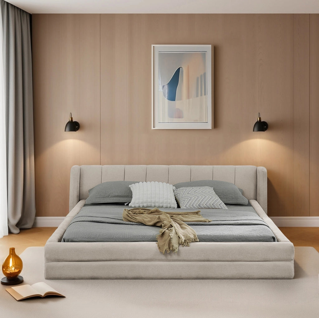 Letto Matrimoniale 160x200 cm; 2 Posti - Testiera Ergonomica; in Chenille - Beige