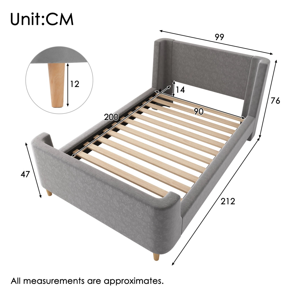 Letto singolo a slitta con motivo spaziale; 90x200 cm; in velluto grigio