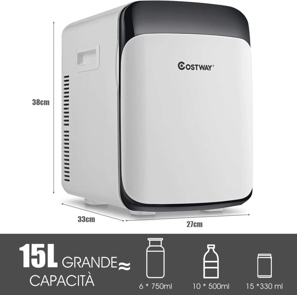 Mini Frigorifero Elettrico 15L, Funzione Caldo e Freddo, Mini frigo per Casa Auto Ufficio e Dormitorio, Prese Incluse, DC 12V/AC 220-240V, 27 x 33 x 38 cm (Bianco)