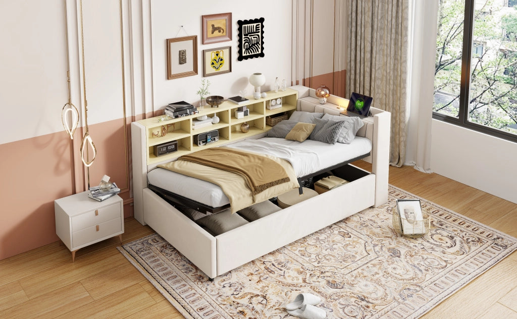 Letto imbottito con funzione divano letto in velluto beige 90x200 cm