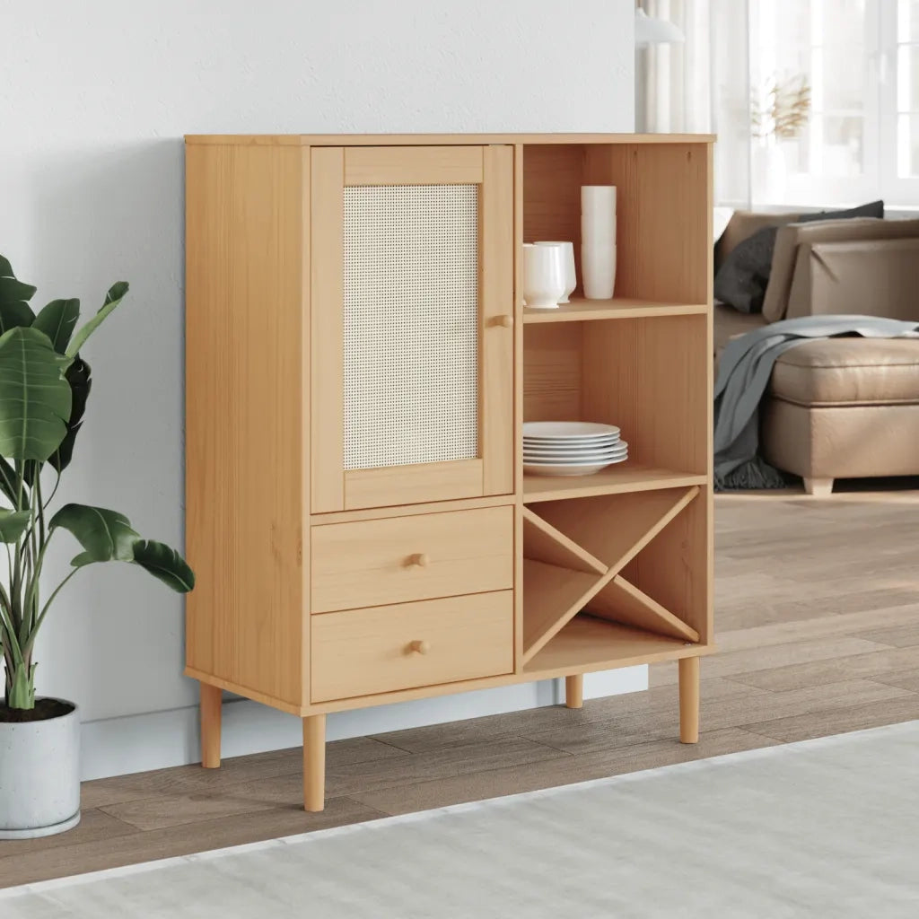 Credenza SENJA Aspetto Rattan Marrone 90x40x112cm Massello Pinocod mxl 108296