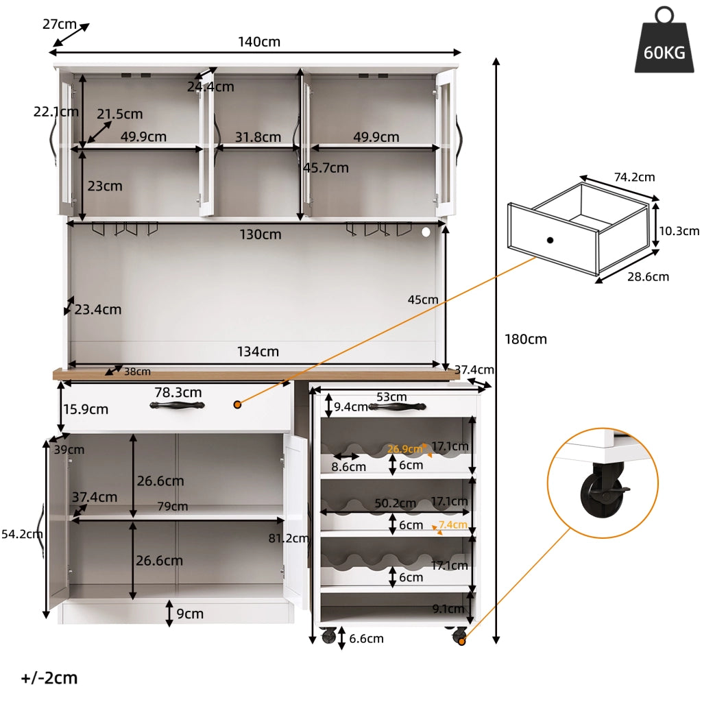 Credenza con LED dimmerabile e carrello estraibile, per cucina e sala da pranzo, in MDF, bianco, 140 × 38 × 180 cm