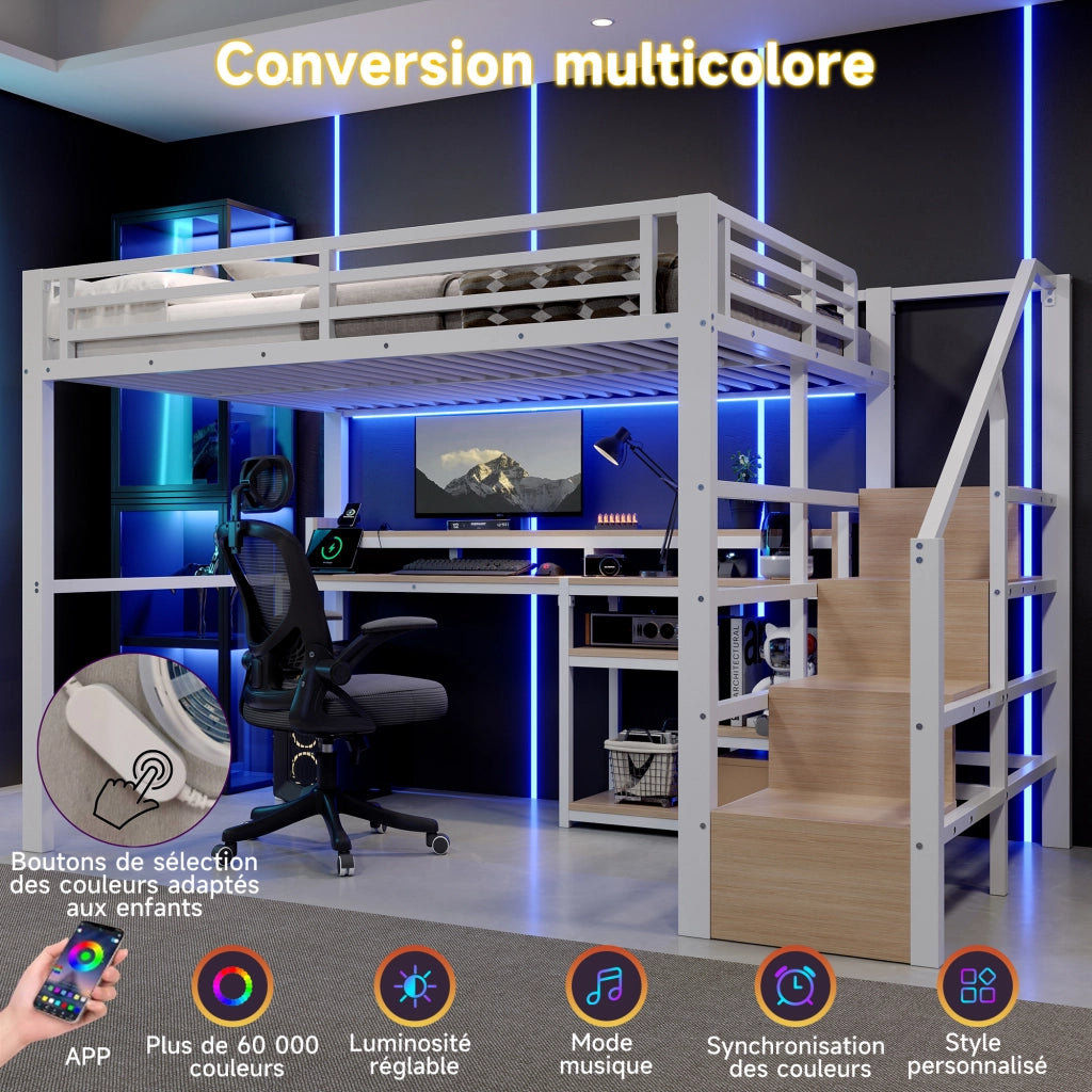 Letto a soppalco 140x200 cm per 2 persone con scala contenitore, prese USB/Type-C, ripiano e illuminazione LED, metallo bianco