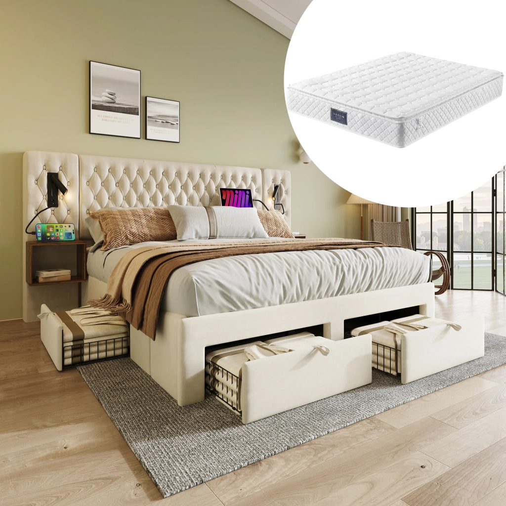LETTO Matrimoniale 160x200 cm Velluto Beige con materasso incluso, 2 comodini e 4 cassetti