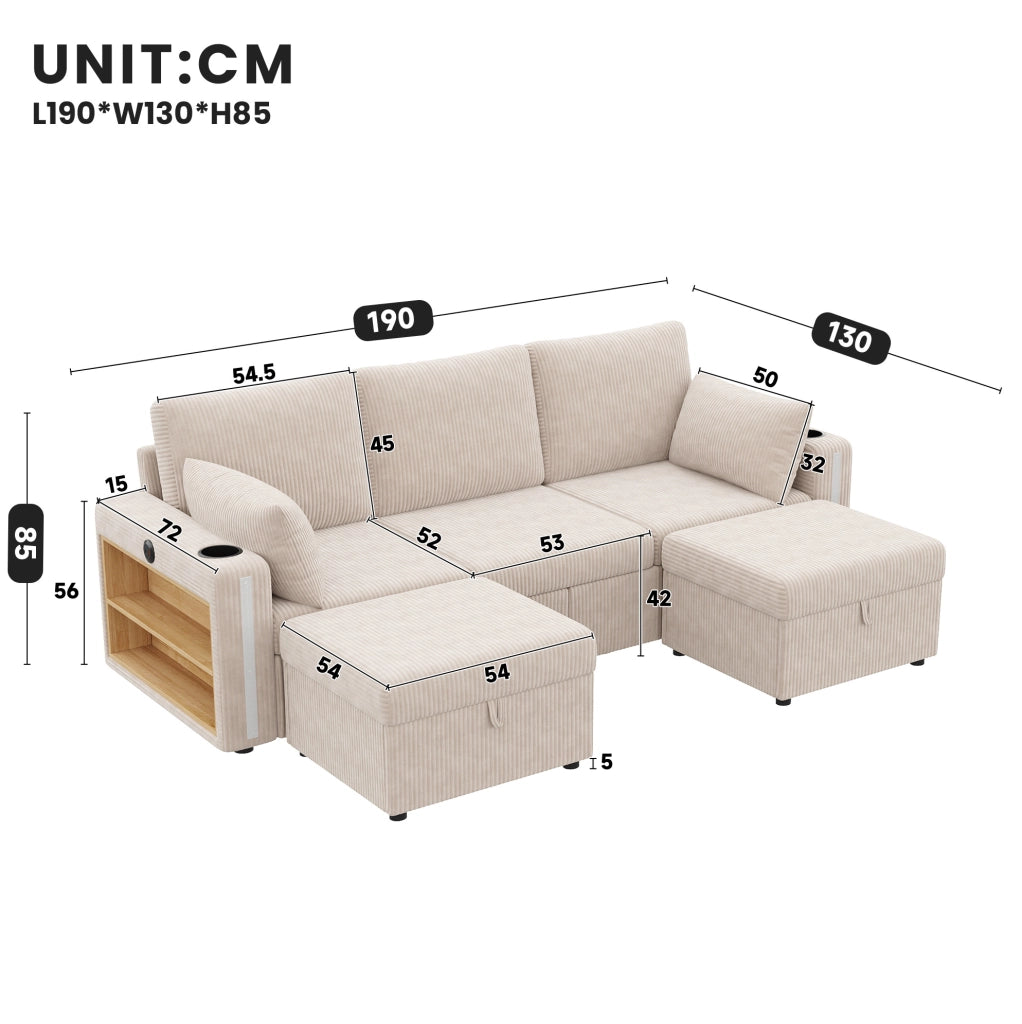 Sofa modulare a U/L 190x130x85 cm in corduroy beige con LED; USB e contenitore