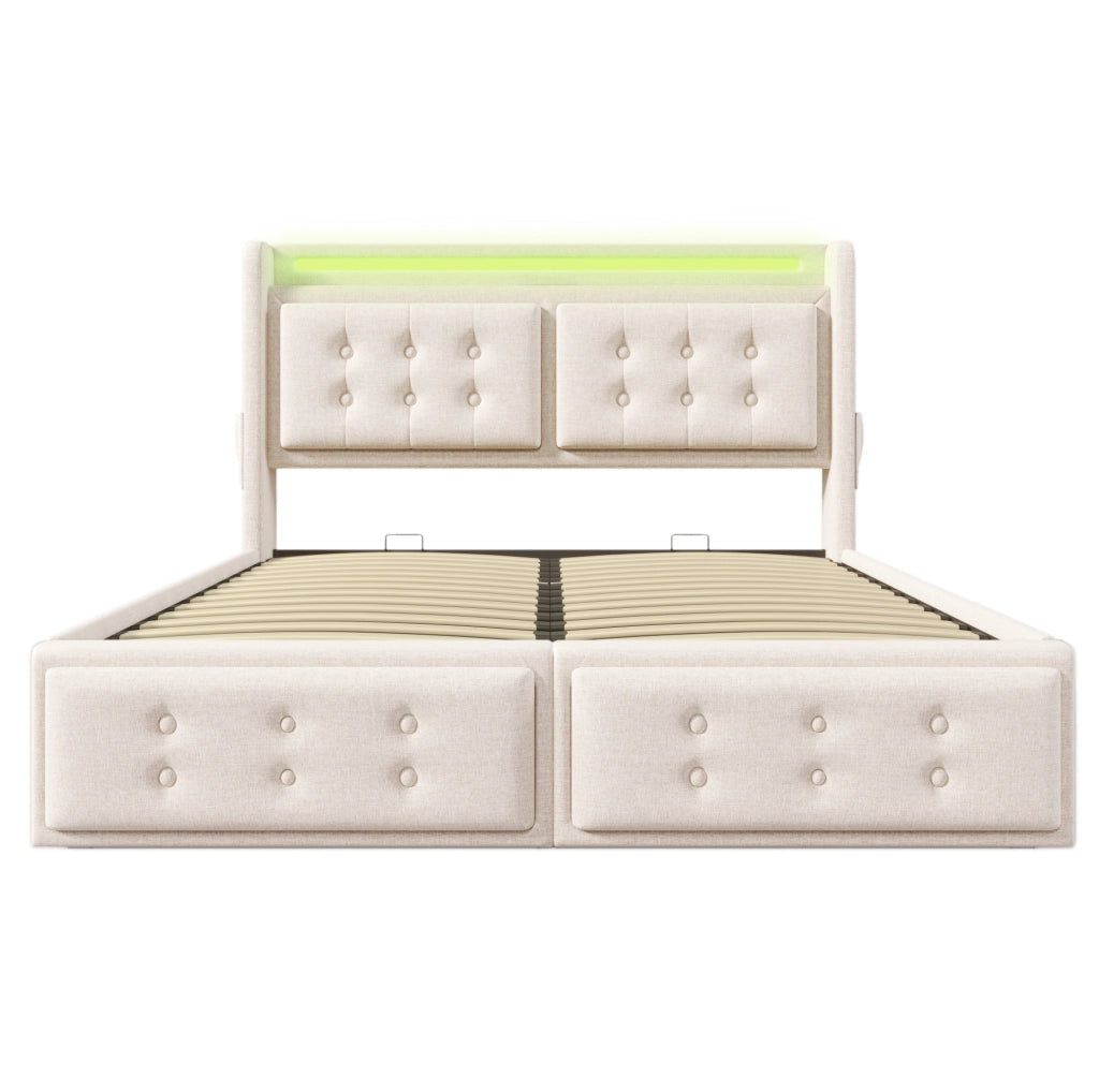 Letto matrimoniale 180x200 cm con contenitore; LED e USB C; tessuto cotone e lino beige