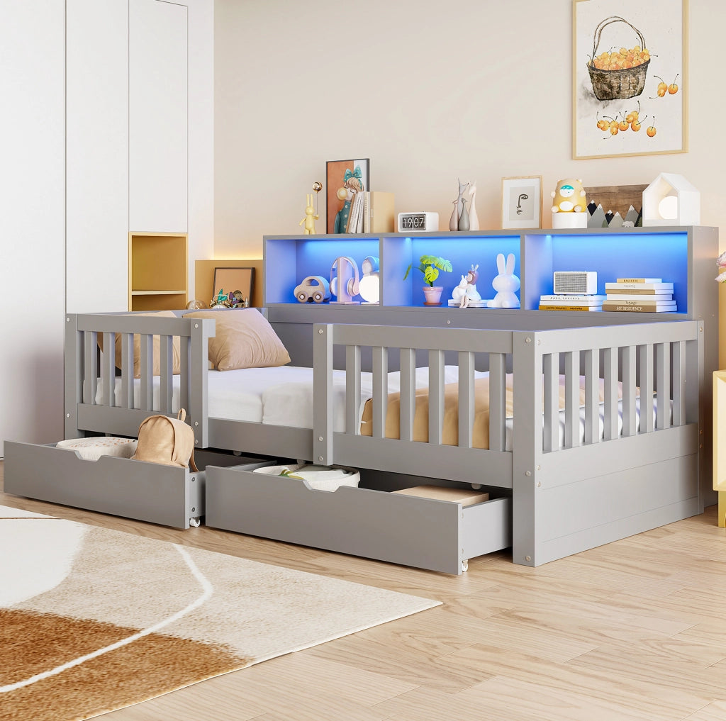 Letto per bambini 90x200 cm con sponda di sicurezza; cassetti; ripiani e LED; grigio