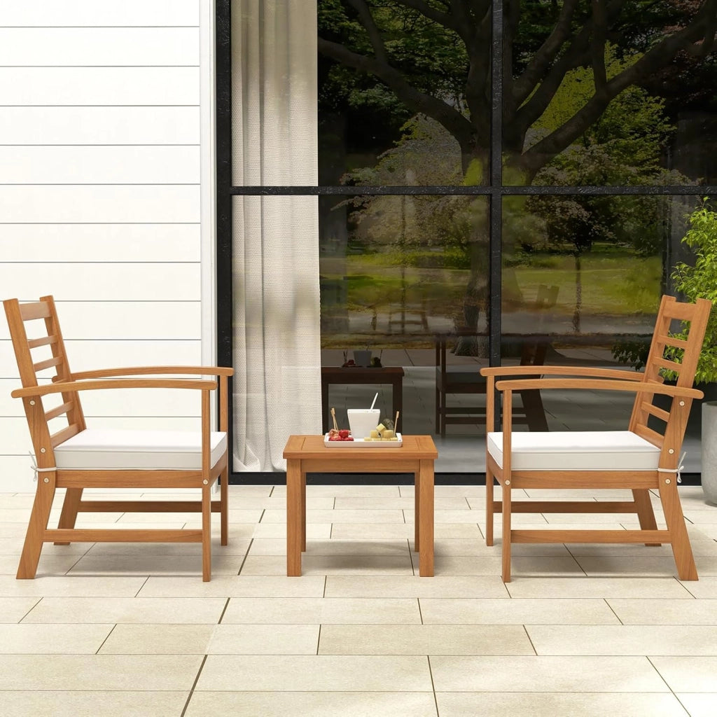 Set di 3 mobili da giardino in legno di acacia, per balconi, terrazze, mobili da giardino, set da 2 persone, set da 2 sedie con tavolo in legno, set da giardino con cuscino incluso