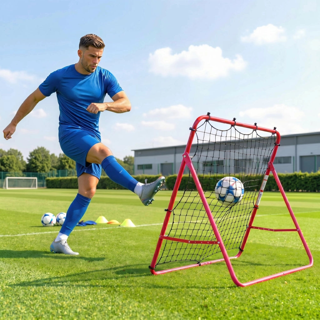Rete da Calcio Portatile con 5 Angoli Regolabili ¨C Minimal ¨C Acciaio e Nylon, Rosso, 103x72x89cm