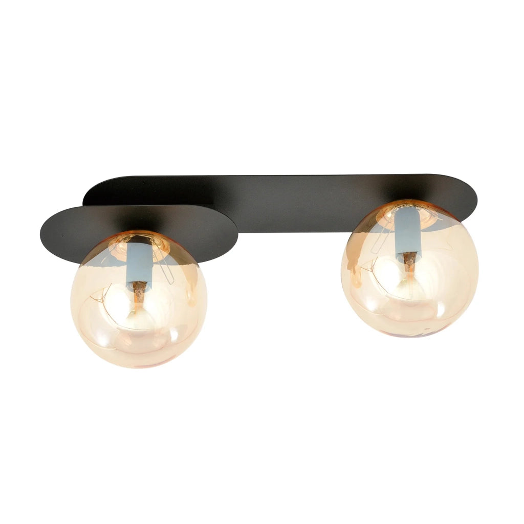 Plafoniera Minimal 2 Luci Teia In Acciaio Nero E Sfere Vetro Ambra