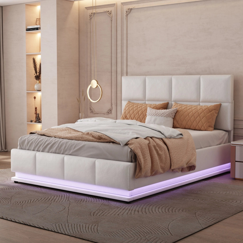 Letto matrimoniale 140x200 cm con LED; contenitore idraulico e rivestimento in similpelle bianco
